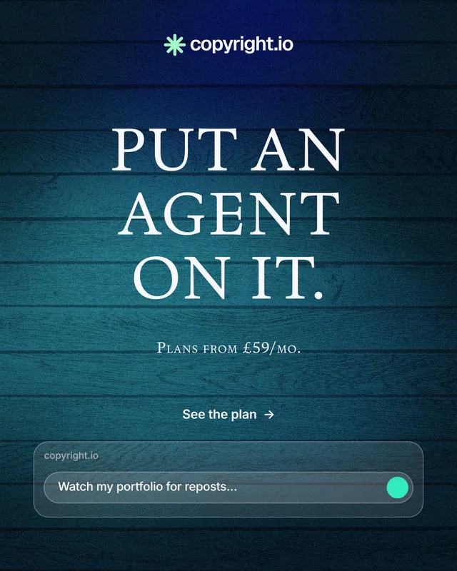 Instagram portrait post for copyright.io: "Put an agent on it." Agentic glass style, smallcaps layout, dark palette in black, teal, blue.