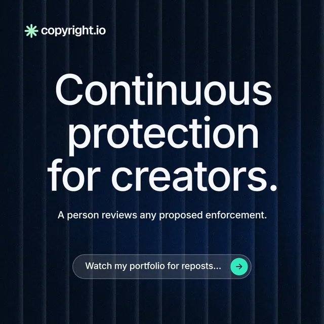 Instagram post for copyright.io: "Continuous protection for creators." Agentic glass style, centred layout, dark palette in black, grey.