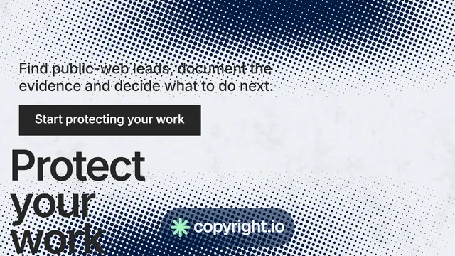 Landscape graphic for copyright.io: "Protect your work." Swiss style, oversized layout, light palette in blue, grey, white.