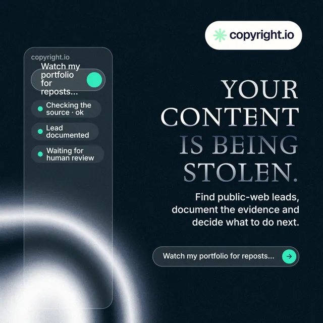 Instagram post for copyright.io: "Your content is being stolen." Agentic glass style, right layout, dark palette in blue, black, grey.