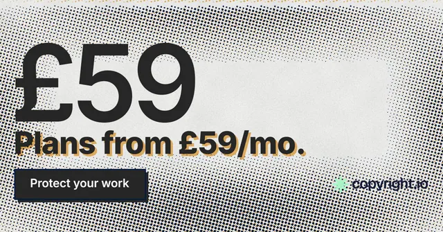 Social ad for copyright.io: "Put an agent on it." Brutalist style, stat layout, light palette in grey, white.
