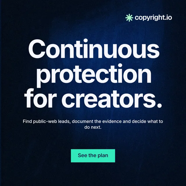 Instagram post for copyright.io: "Continuous protection for creators." Swiss style, centred layout, dark palette in black, blue.