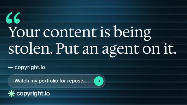 Landscape graphic for copyright.io: "Protect your work." Agentic glass style, quote layout, dark palette in blue, black.