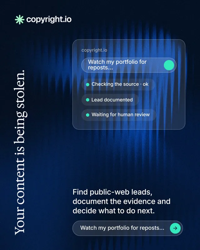 Instagram portrait post for copyright.io: "Your content is being stolen." Agentic glass style, vertical layout, dark palette in black, blue.