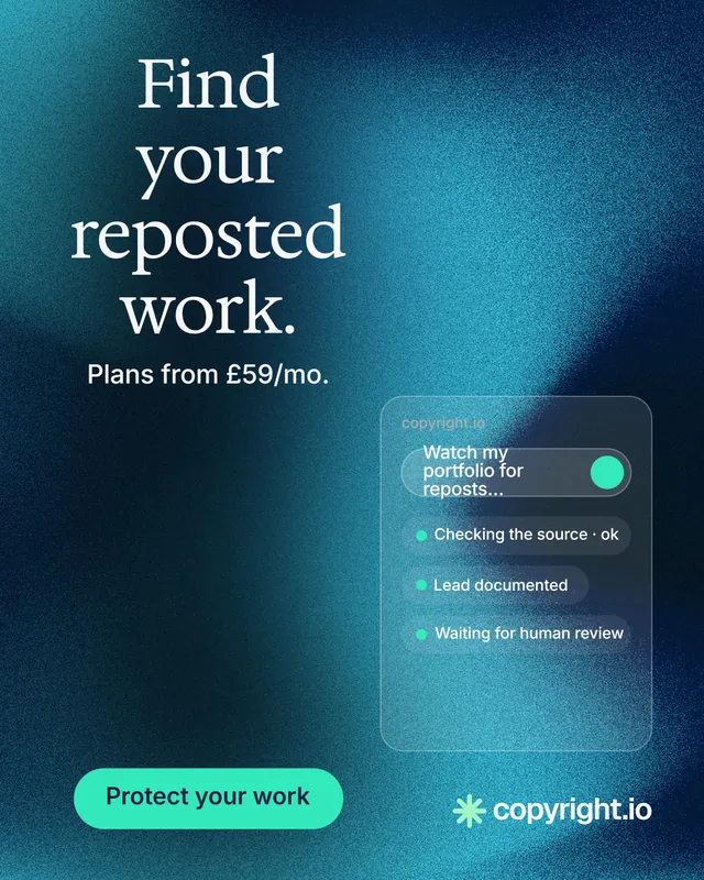 Instagram portrait post for copyright.io: "Find your reposted work." Agentic glass style, skeleton layout, dark palette in teal, blue, black.