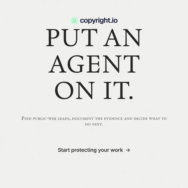 Instagram post for copyright.io: "Put an agent on it." Editorial style, smallcaps layout, light palette in white.