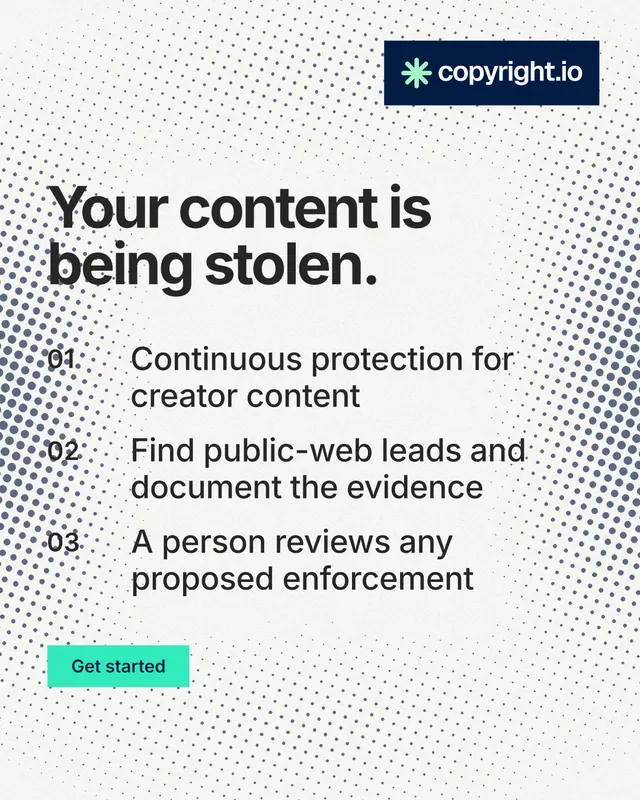 Instagram portrait post for copyright.io: "Your content is being stolen." Swiss style, numbered layout, light palette in white, grey.