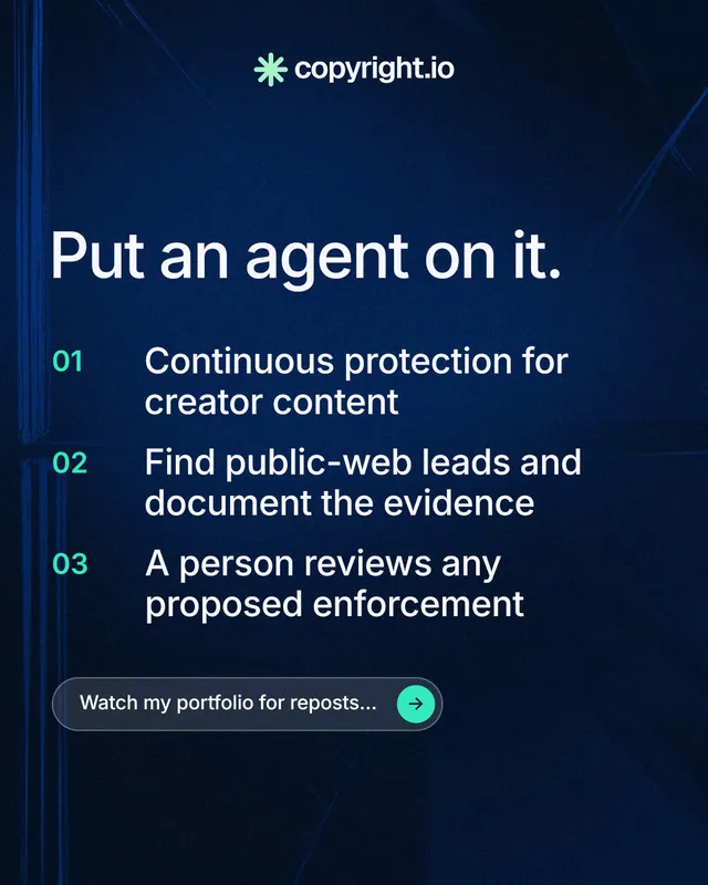 Instagram portrait post for copyright.io: "Put an agent on it." Agentic glass style, numbered layout, dark palette in black, blue.