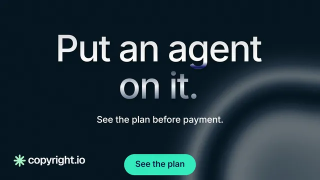 Landscape graphic for copyright.io: "Put an agent on it." Y2K style, centred layout, dark palette in black, grey, blue.