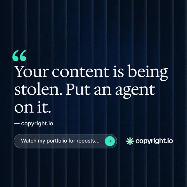 Instagram post for copyright.io: "Continuous protection for creators." Agentic glass style, quote layout, dark palette in black, blue, grey.