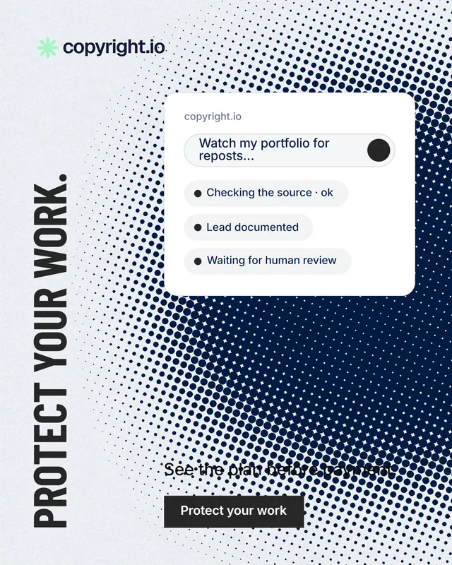 Instagram portrait post for copyright.io: "Protect your work." Retro print style, vertical layout, light palette in blue, white, grey.