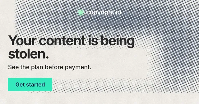 Social ad for copyright.io: "Your content is being stolen." Swiss style, skeleton layout, light palette in grey, yellow, orange.