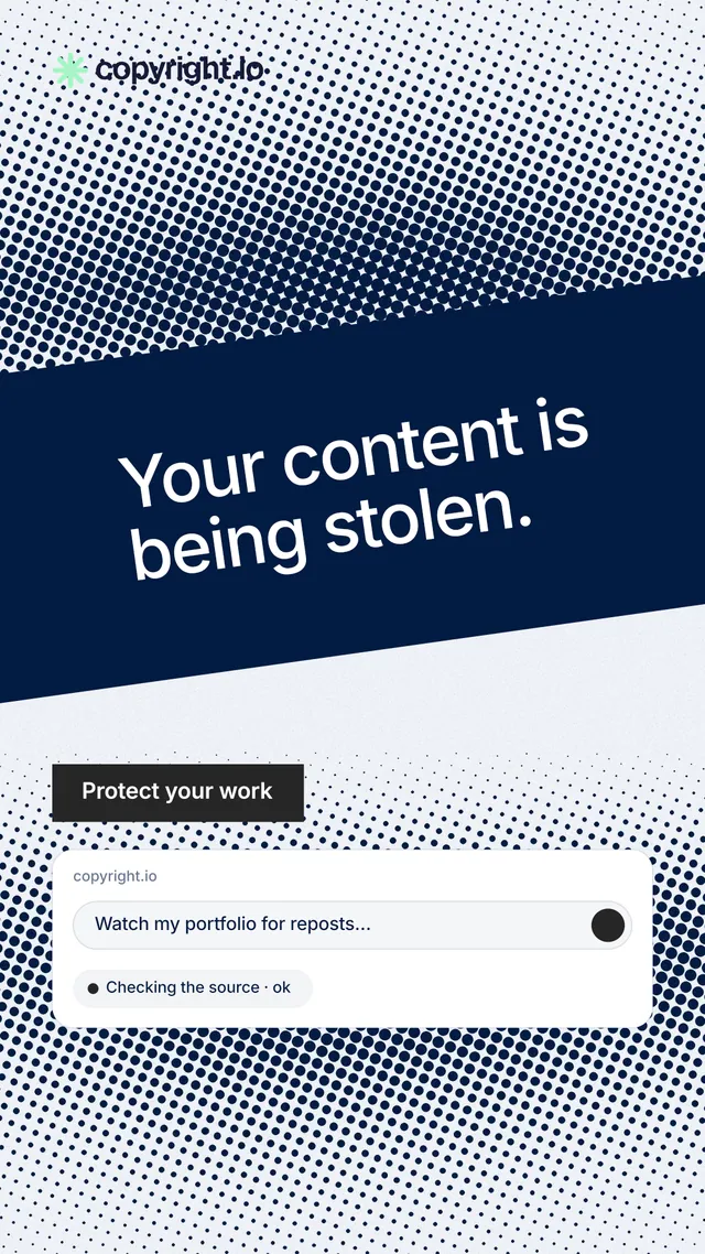 Instagram story for copyright.io: "Your content is being stolen." Swiss style, diagonal layout, light palette in blue, grey, white.