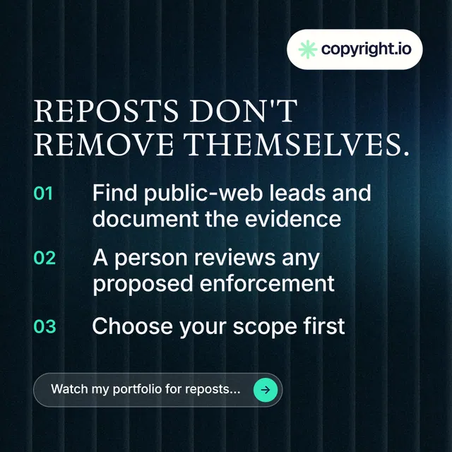 Instagram post for copyright.io: "Reposts don't remove themselves." Agentic glass style, numbered layout, dark palette in blue, black, grey.
