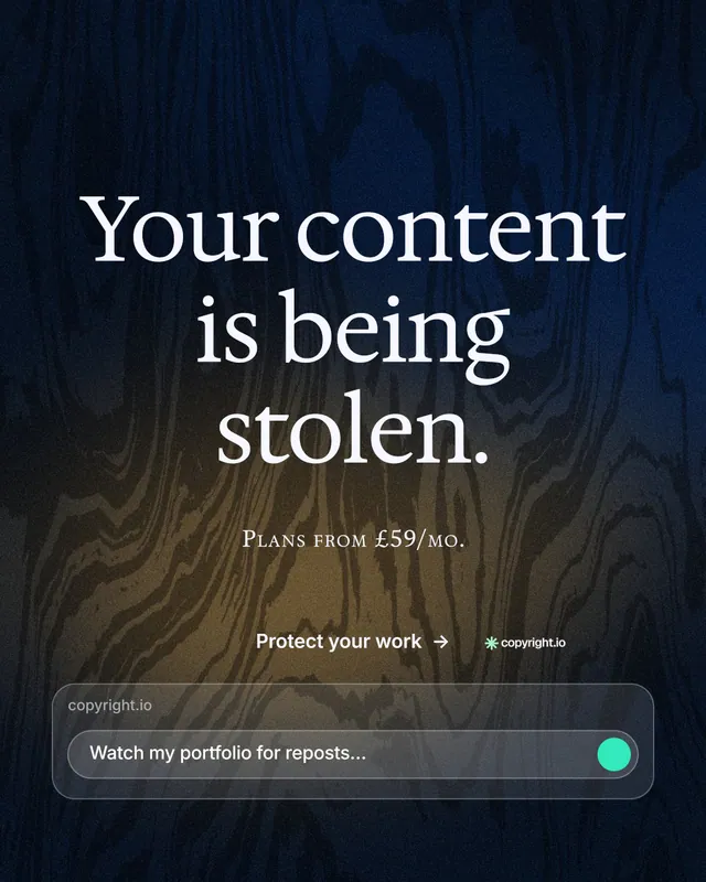 Instagram portrait post for copyright.io: "Your content is being stolen." Agentic glass style, smallcaps layout, dark palette in black, grey.