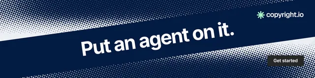 LinkedIn banner for copyright.io: "Put an agent on it." Swiss style, diagonal layout, dark palette in blue, grey.