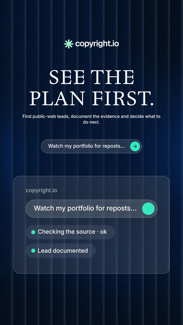 Instagram story for copyright.io: "See the plan first." Agentic glass style, centred layout, dark palette in black, blue.