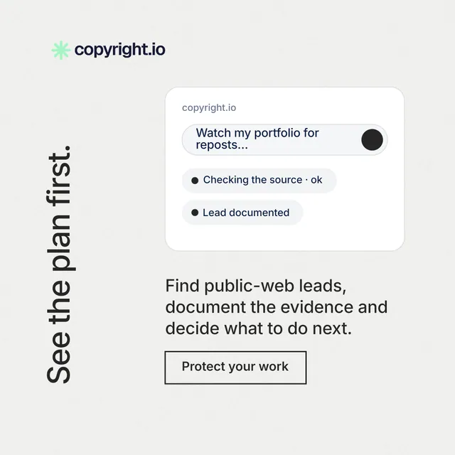 Instagram post for copyright.io: "See the plan first." Editorial style, vertical layout, light palette in white.
