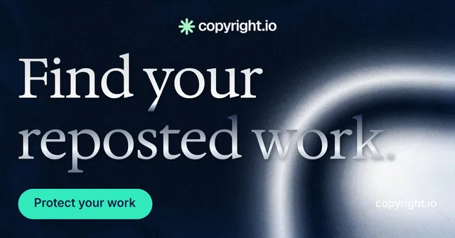 Social ad for copyright.io: "Find your reposted work." Y2K style, poster layout, dark palette in black, teal, blue.
