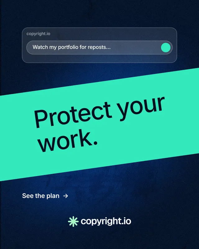 Instagram portrait post for copyright.io: "Protect your work." Minimal luxury style, diagonal layout, dark palette in teal, black, blue.