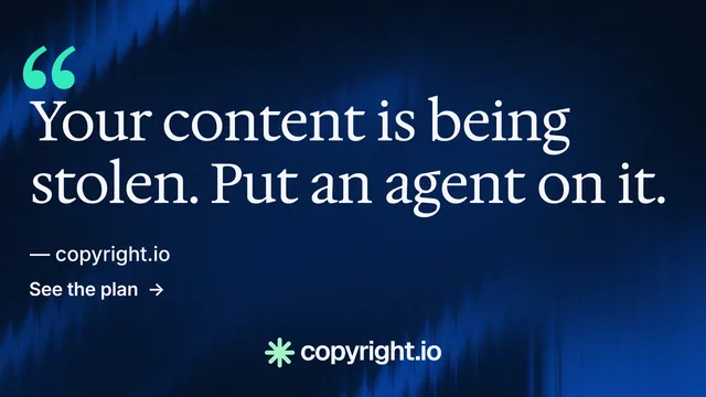 Landscape graphic for copyright.io: "Protect your work." Minimal luxury style, quote layout, dark palette in blue, black.