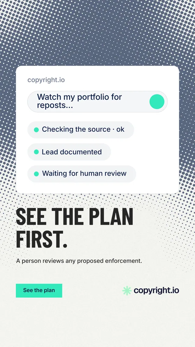 Instagram story for copyright.io: "See the plan first." Retro print style, bottom layout, light palette in white, grey.