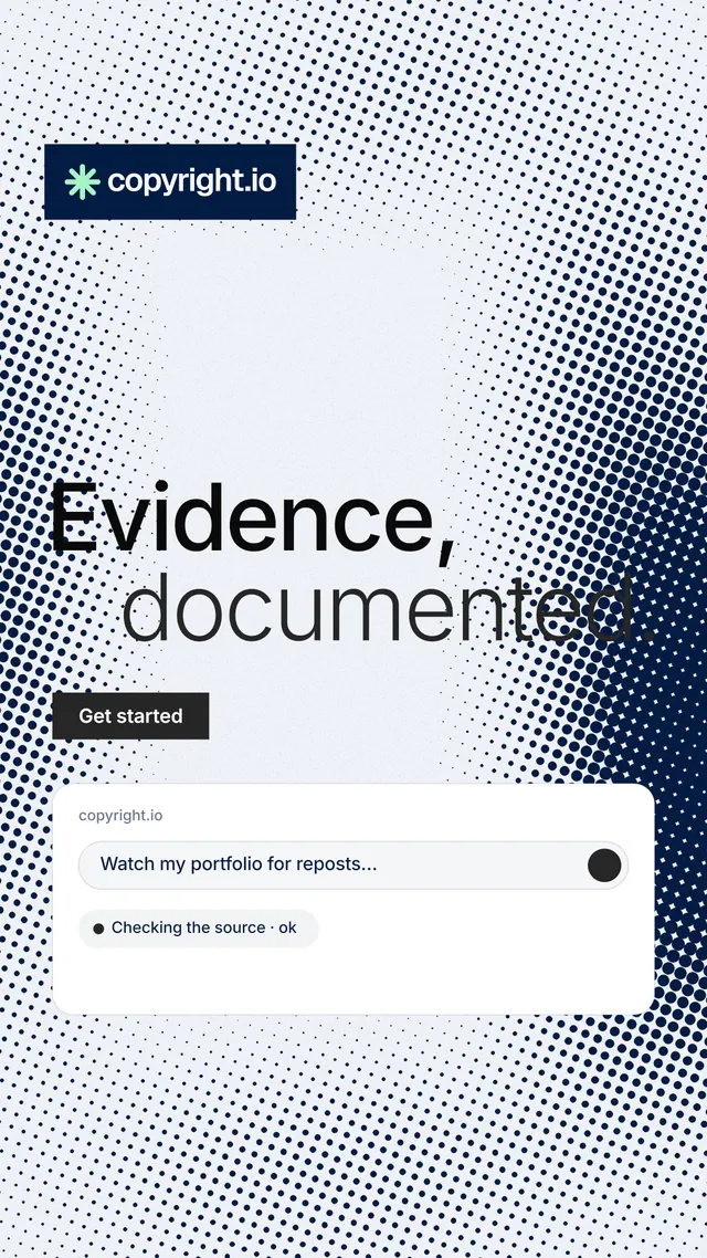 Instagram story for copyright.io: "Evidence, documented." Swiss style, stacked layout, light palette in white, blue, grey.