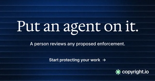 Social ad for copyright.io: "Put an agent on it." Minimal luxury style, centred layout, dark palette in black, blue.