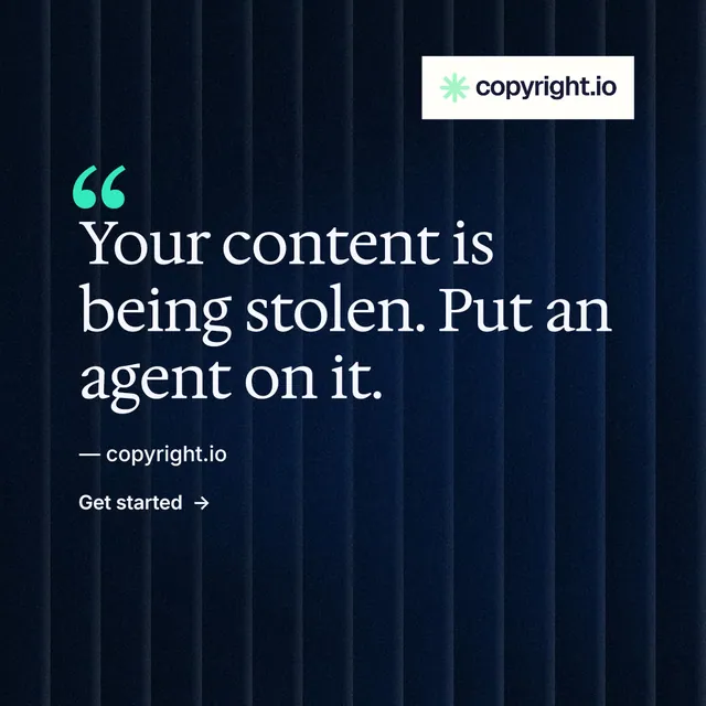Instagram post for copyright.io: "Your content is being stolen." Minimal luxury style, quote layout, dark palette in black, blue.