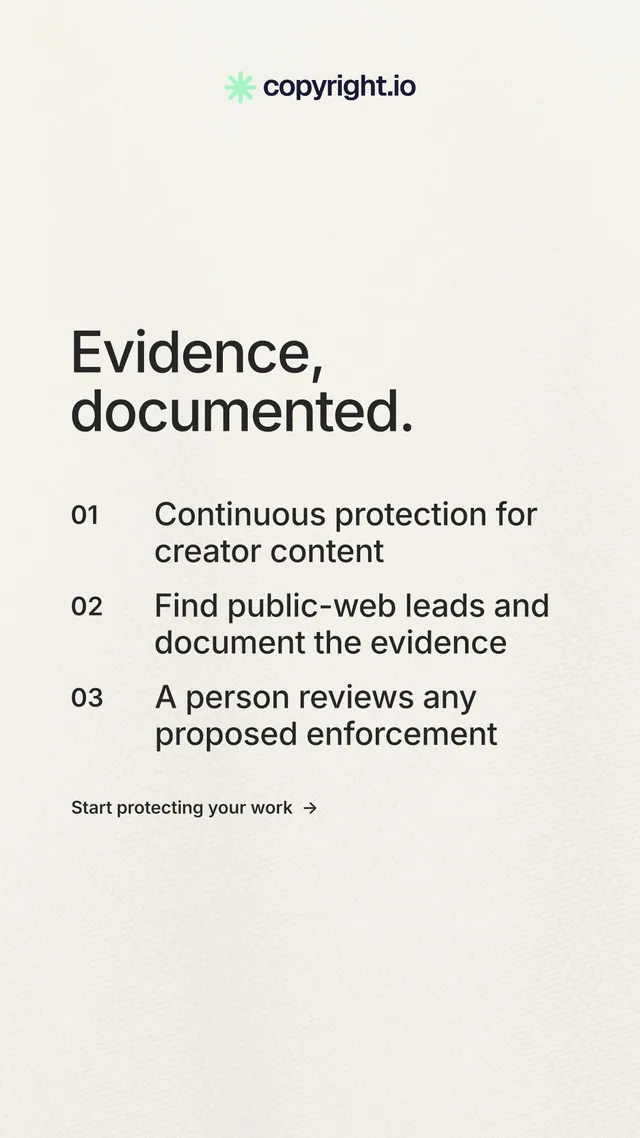 Instagram story for copyright.io: "Evidence, documented." Minimal luxury style, numbered layout, light palette in white, yellow, grey.