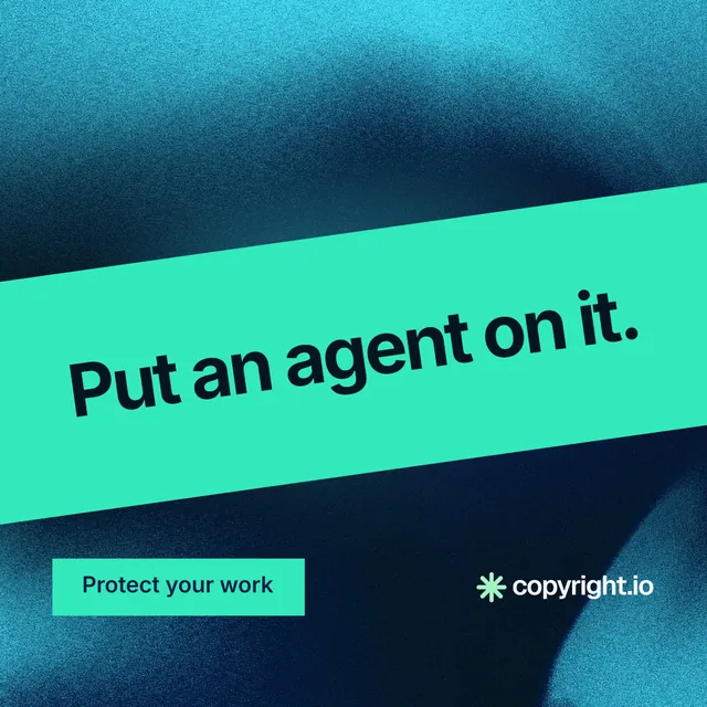 Instagram post for copyright.io: "Put an agent on it." Swiss style, diagonal layout, light palette in black, teal, blue.