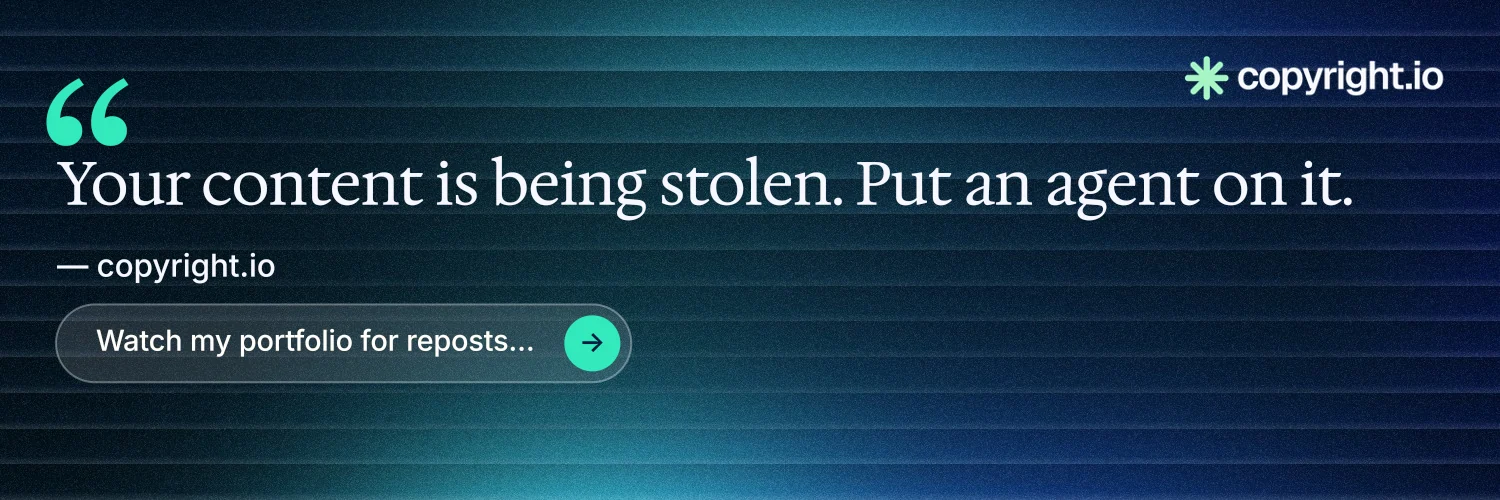 X header for copyright.io: "See the plan first." Agentic glass style, quote layout, dark palette in blue, black, teal.