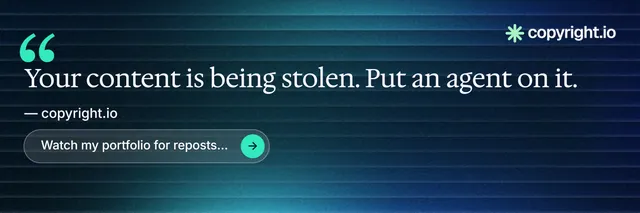 X header for copyright.io: "See the plan first." Agentic glass style, quote layout, dark palette in blue, black, teal.