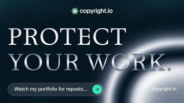 Landscape graphic for copyright.io: "Protect your work." Agentic glass style, poster layout, dark palette in grey, black, blue.