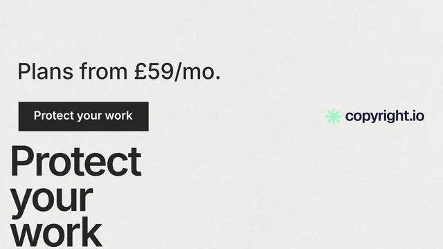 Landscape graphic for copyright.io: "Protect your work." Swiss style, oversized layout, light palette in white, grey.