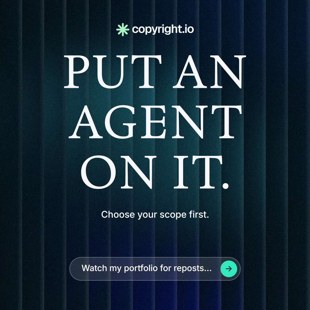 Instagram post for copyright.io: "Put an agent on it." Agentic glass style, centred layout, dark palette in black, blue.