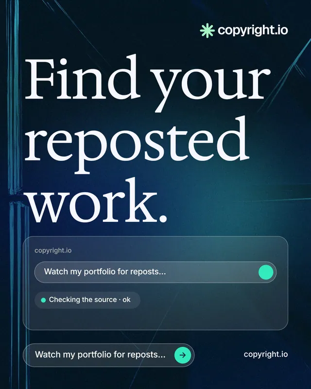 Instagram portrait post for copyright.io: "Find your reposted work." Agentic glass style, poster layout, dark palette in blue, black.