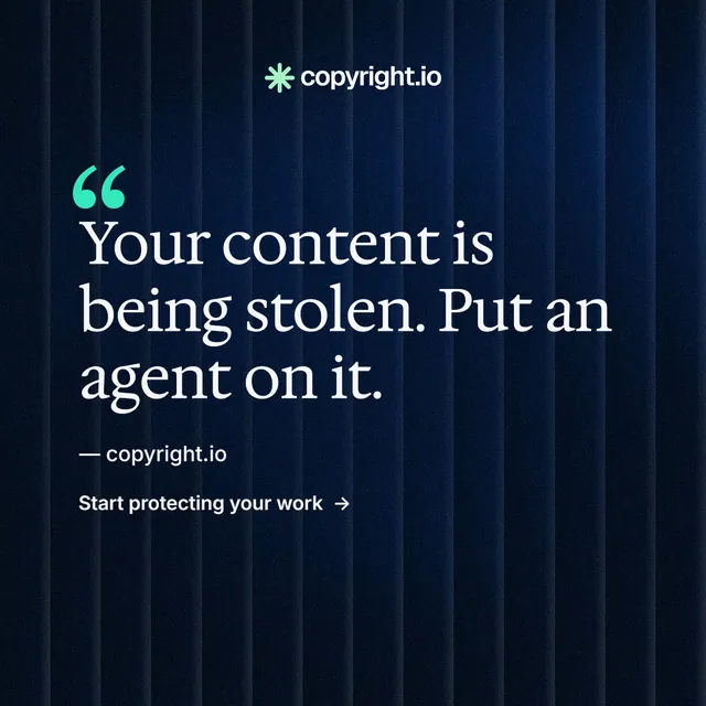 Instagram post for copyright.io: "Your content is being stolen." Minimal luxury style, quote layout, dark palette in black, blue.