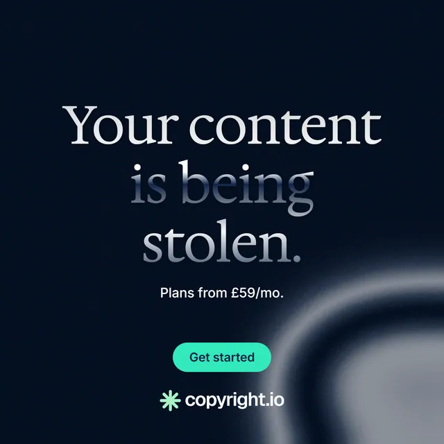 Instagram post for copyright.io: "Your content is being stolen." Y2K style, centred layout, dark palette in black, grey, blue.