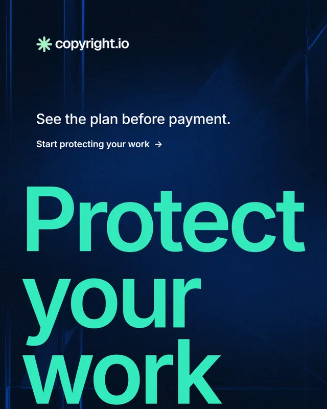 Instagram portrait post for copyright.io: "Put an agent on it." Minimal luxury style, oversized layout, dark palette in blue, black, teal.