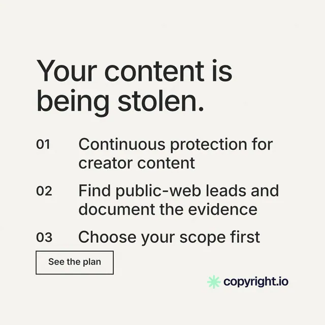Instagram post for copyright.io: "Your content is being stolen." Editorial style, numbered layout, light palette in white, grey.