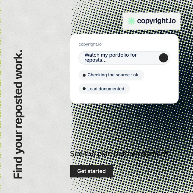 Instagram post for copyright.io: "Find your reposted work." Swiss style, vertical layout, light palette in grey, white.