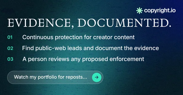 Social ad for copyright.io: "Evidence, documented." Agentic glass style, numbered layout, dark palette in black, blue, teal.