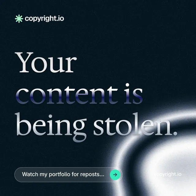 Instagram post for copyright.io: "Your content is being stolen." Agentic glass style, poster layout, dark palette in black, blue, grey.