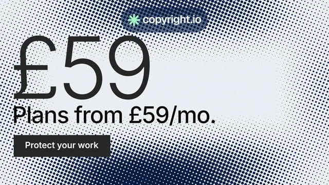 Landscape graphic for copyright.io: "Protect your work." Split block style, stat layout, light palette in white, grey, blue.