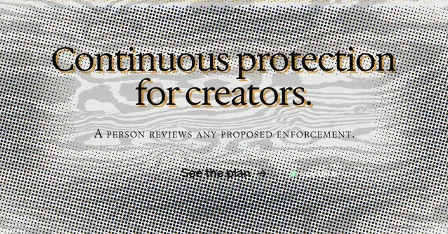 Social ad for copyright.io: "Continuous protection for creators." Retro print style, smallcaps layout, light palette in white, grey.