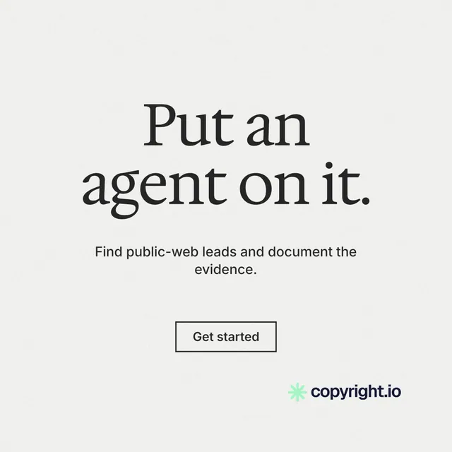 Instagram post for copyright.io: "Put an agent on it." Editorial style, centred layout, light palette in white.