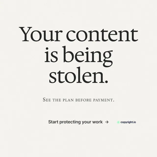Instagram post for copyright.io: "Your content is being stolen." Swiss style, smallcaps layout, light palette in white.