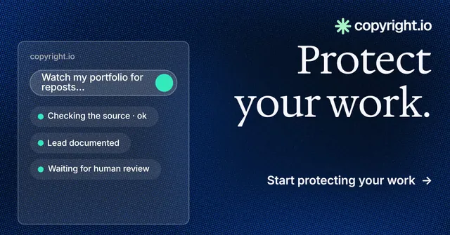 Social ad for copyright.io: "Protect your work." Minimal luxury style, right layout, dark palette in blue, black.