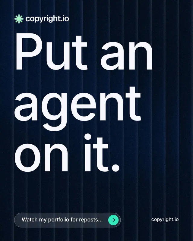 Instagram portrait post for copyright.io: "Put an agent on it." Agentic glass style, poster layout, dark palette in black, grey, blue.